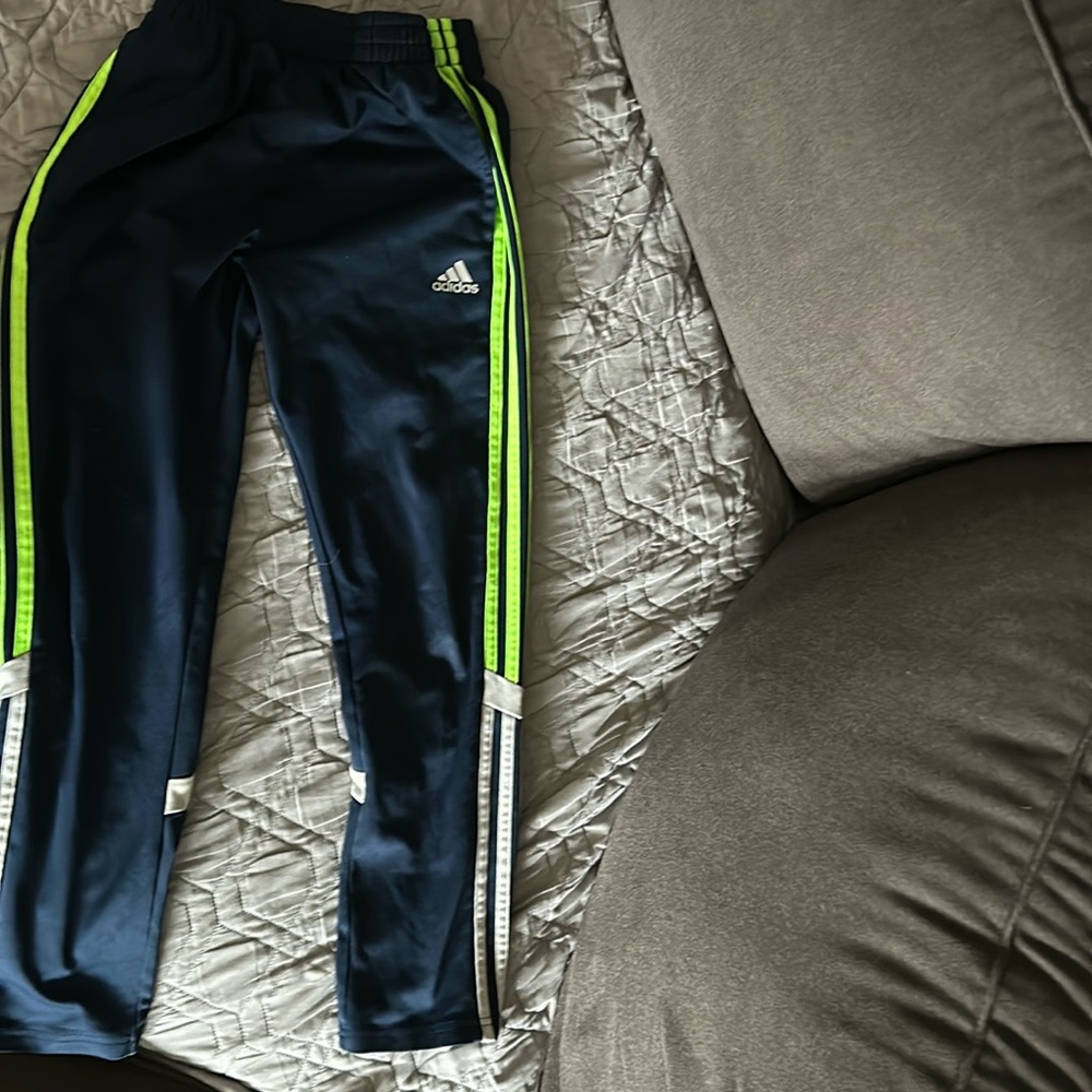 Boys adidas sweatpants navy and lime green stripes size 10/12